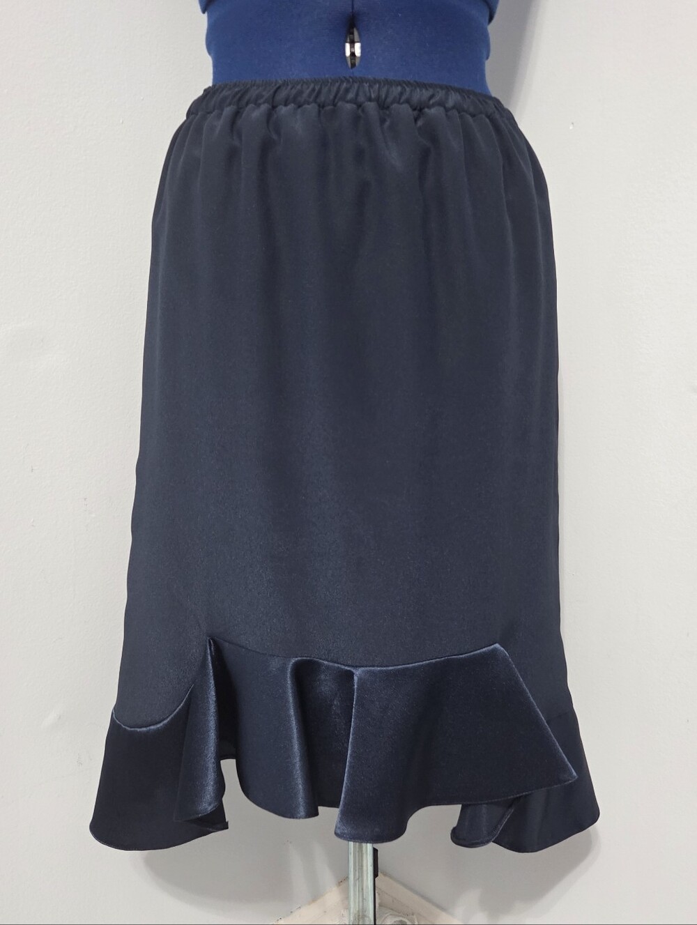 Navy Blue Satin Ruffle Hem Skirt